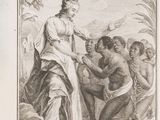 an old black and white drawing of a woman handing something to a group of people