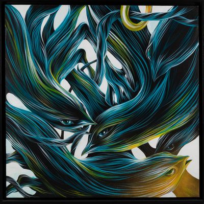 a painting of blue and green leaves in a black frame