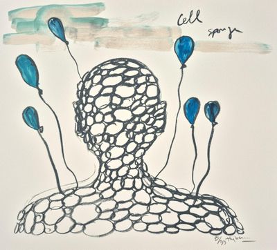 drawing of a man with blue balloons in his head
