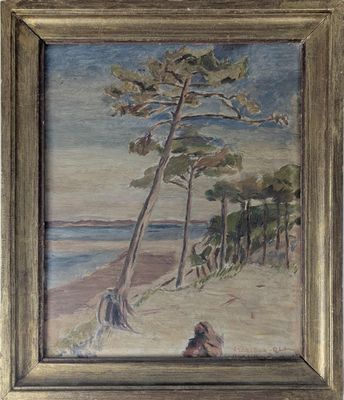 une peinture à l'huile représentant une femme assise sur une plage près d'un pin