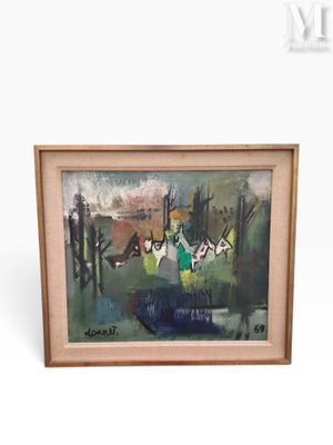 tableau à l'huile encadré représentant un cheval et son cavalier dans un champ