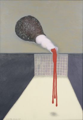 a painting of a red liquid pouring out of a faucet