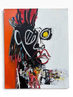 painting of a woman with glasses and a mohawk on an orange background