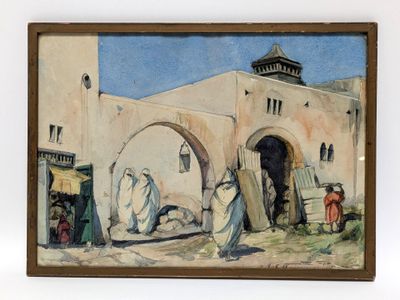 a picture of a painting of people outside of a building