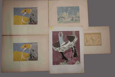four framed pictures of a woman with a hat and umbrella