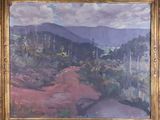 an oil painting of a landscape with mountains in the background