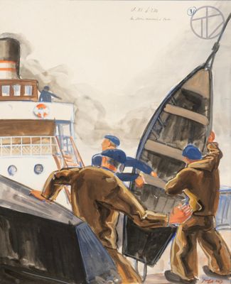 a painting of two men loading a boat onto the water