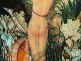 une image représentant un tableau d'une femme avec un poisson sur la tête