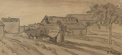 drawing of a farm scene with a farmer and his sheep