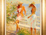 painting of two women holding hands by the water