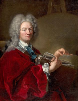 un tableau représentant un homme vêtu d'un manteau rouge tenant un livre