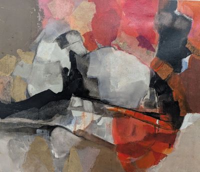 peinture abstraite représentant une femme allongée sur un lit avec un oreiller rouge et blanc
