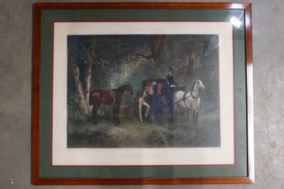 framed picture of a painting of two men and horses in a wooded setting