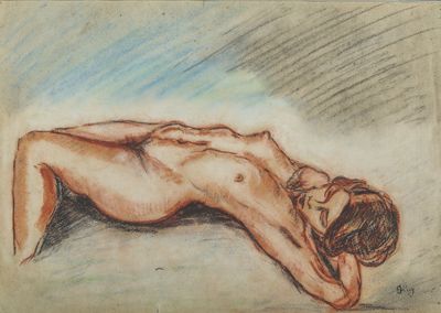 dessin représentant une femme nue allongée sur le dos, posée à même le sol