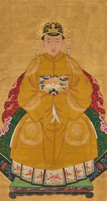 a painting of a woman sitting on a chair with a flower in her hand