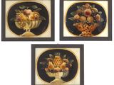 three framed paintings of fruit and flowers in a vase