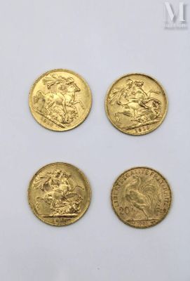 four gold sovereigns, one of which is a horse and the other of which is a lion