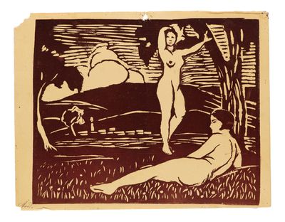 gravure sur bois représentant une femme et un homme dans un champ parsemé d'arbres