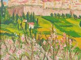 une peinture à l'huile représentant une vue d'une ville depuis une colline
