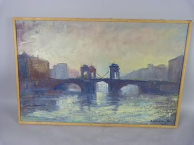 an oil painting of a bridge over a river with buildings in the background