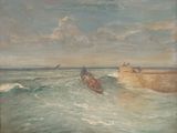 painting of a man in a boat in the water near a lighthouse