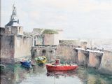 un tableau représentant un bateau rouge sur l'eau