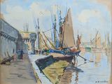 une peinture représentant une scène portuaire avec des bateaux sur l'eau