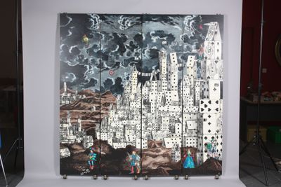a picture of a picture of a city on the wall