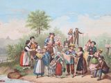 un tableau représentant un groupe de personnes rassemblées au bord d'une rivière