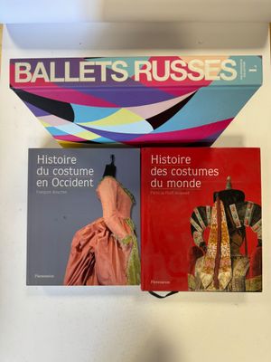 two books on a shelf in a room with a ballerina ' s dress on it