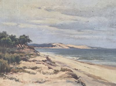 painting of a view of a beach with sand dunes and a body of water