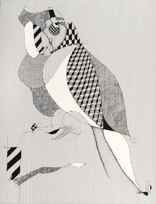 drawing of a bird on a piece of paper with black and white lines