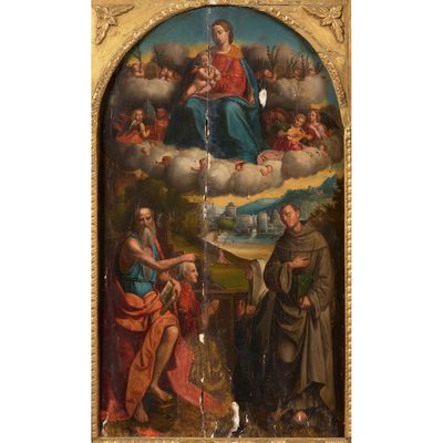 un tableau représentant une scène religieuse avec une femme et deux hommes