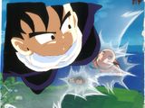 animation art of a young gohan flying through the air with his eyes open
