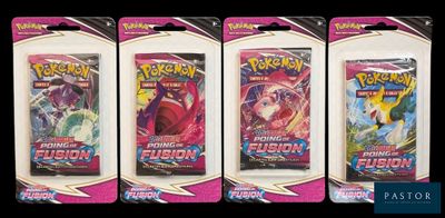 three packs of pokemon trading cards are shown in a row