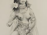 an ink drawing of a woman with a flower in her hair