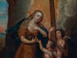an image of a painting of a woman holding a baby and a cross