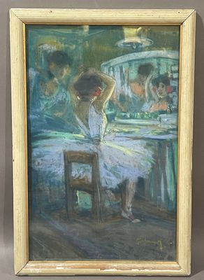 une peinture à l'huile représentant une femme assise à une table devant un miroir