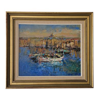 an oil painting of boats in a harbor with buildings in the background