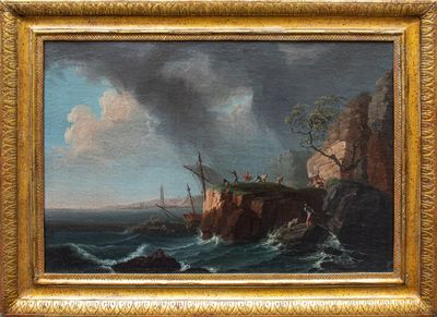 une peinture à l'huile représentant un bateau sur un plan d'eau près d'une falaise