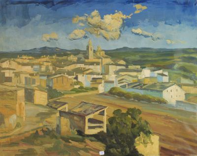 un tableau représentant une ville située sur une colline, avec une rivière au premier plan