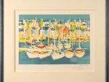 a painting of boats in a harbor with buildings in the background