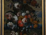 a painting of flowers in a vase on a table