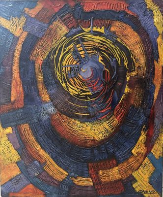 an abstract painting of a spiral design with yellow, red, and blue colors