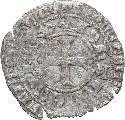 an old silver coin with a cross on it