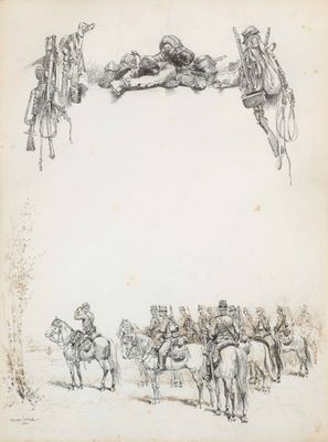 drawing of a group of men riding horses under a large arch