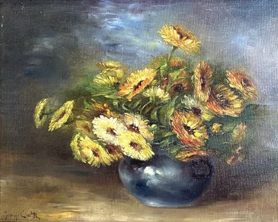 a painting of flowers in a blue vase on a table