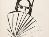 an image of a black and white drawing of a man with a fan
