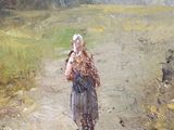a painting of a woman walking down a dirt road