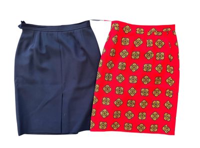 a pair of red and blue skirts with gold print on them